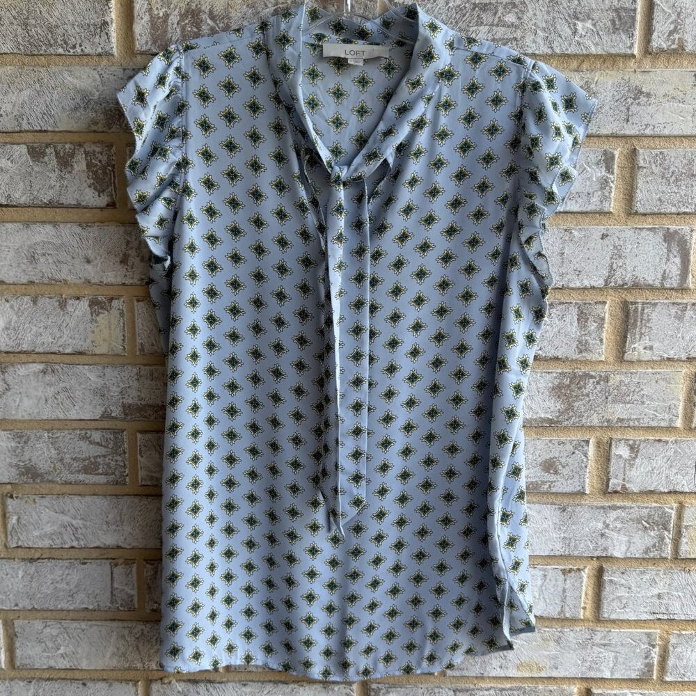 Loft Short Ruffle Sleeve Tie Neck Geo Floral Blouse Women's Size M